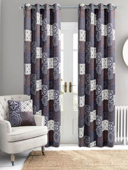 Saral Home - Saralhome Tile Velvet Digital Print Door Curtain 2pc Blue (4x9 Feet)