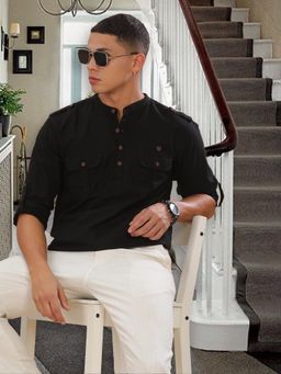 KUONS AVENUE - Black Men's Cotton Short Pathani Kurta