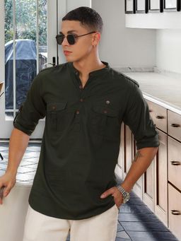 KUONS AVENUE - Olive Men's Cotton Short Pathani Kurta