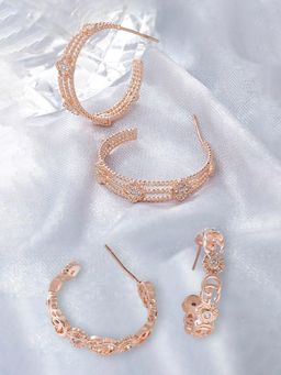 Zaveri Pearls - Set of 2 Rose Gold Cubic Zirconia Contemporary Semi Hoop Earrings-ZPFK13362