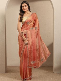 Libas - Coral Silk blend Embellished Saree With Unstitched Blouse