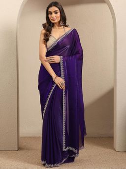 Libas - Purple Silk blend Embellished Saree With Unstitched Blouse