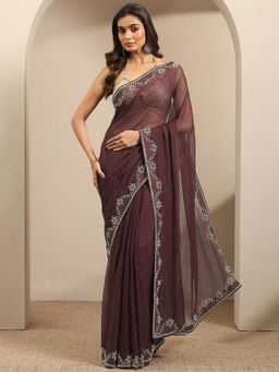 Libas - Burgundy Embellished Georgette Saree With Unstitched Blouse