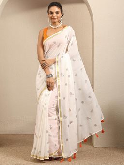 Libas - Off White cotton blend Saree With Unstitched Blouse