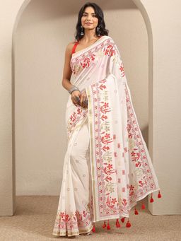 Libas - White cotton blend Saree With Unstitched Blouse