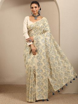 Libas - Beige cotton blend Saree With Unstitched Blouse