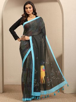 Libas - Black cotton blend Saree With Unstitched Blouse
