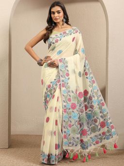 Libas - Off White cotton blend Saree With Unstitched Blouse