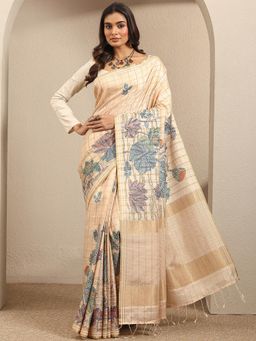 Libas - Beige Silk blend Saree With Unstitched Blouse