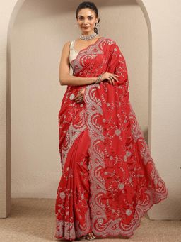 Libas - Red Embroidered Silk blend Saree With Unstitched Blouse