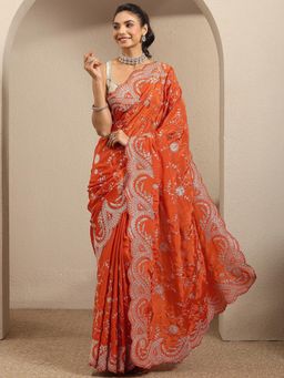 Libas - Orange Embroidered Silk blend Saree With Unstitched Blouse