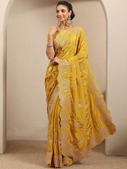 Libas - Mustard Embroidered Silk blend Saree With Unstitched Blouse