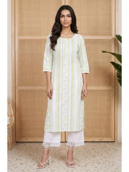 Aurelia - Womens White Striped Woven Design Decorative Buttons Pure Cotton Straight Kurta