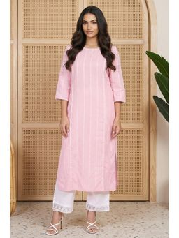 Aurelia - Womens Pink Striped Stripes Lace Trim Cotton Blend Straight Kurta