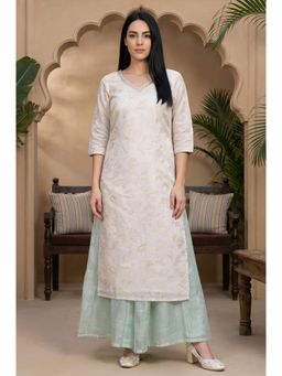 Aurelia - Womens Beige Floral Printed Sequins Straight Kurta