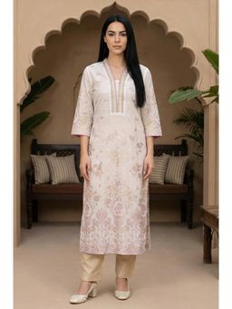 Aurelia - Womens Off White Floral Printed Sequins Pure Cotton Straight Kurta