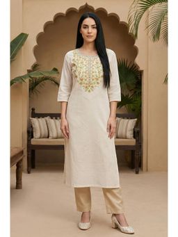 Aurelia - Womens Off White Embroidered Thread Work Straight Kurta