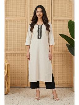 Aurelia - Womens Beige Embroidered Thread Work Cotton Blend Straight Kurta