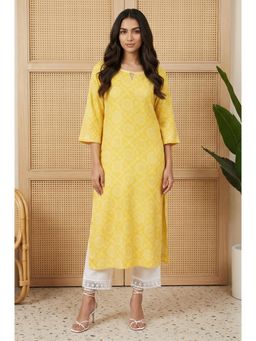 Aurelia - Womens Yellow Bandhni Piping Detail Straight Kurta