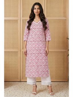 Aurelia - Womens Pink Geometric Printed Lace Trim Cotton Blend Straight Kurta