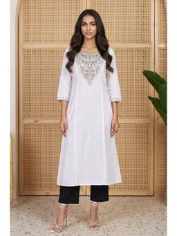 Aurelia - Womens White Embroidered Thread Work Pure Cotton A-line Kurta