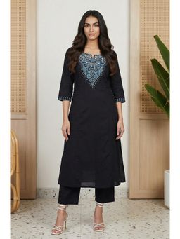 Aurelia - Womens Black Embroidered Thread Work Pure Cotton A-line Kurta