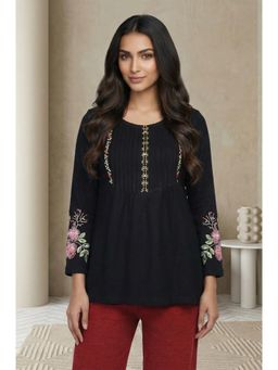 Aurelia - Womens Black Floral Embroidered Acrylic Flared Kurti