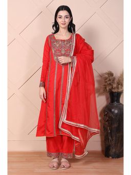 Aurelia - Womens Red Mirror Work A Line Kurta with Pant & Dupatta