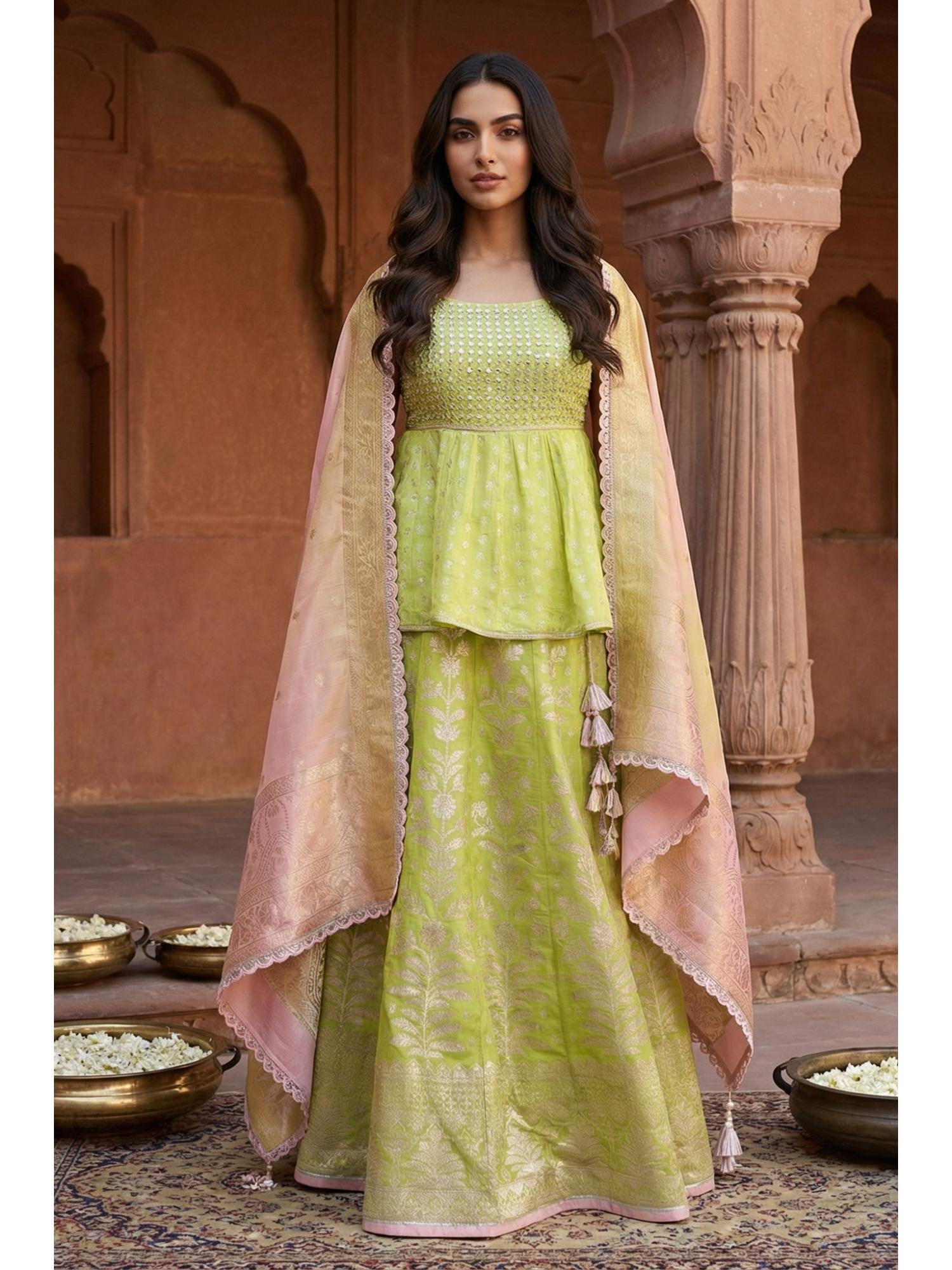 Womens Lime Green Sequins Jacquard Flared Top with Skirt and Dupatta-image-46