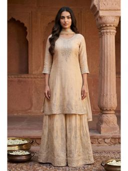 Aurelia - Womens Beige Ethnic Motifs A Line Kurta with Gharara & Dupatta