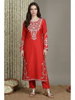 Aurelia - Womens Red Acrylic Blend Straight Kurta with Pant