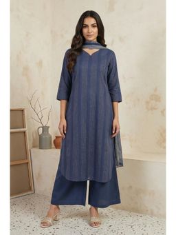 Aurelia - Womens Blue Striped Cotton Blend Straight Kurta with Pant & Dupatta