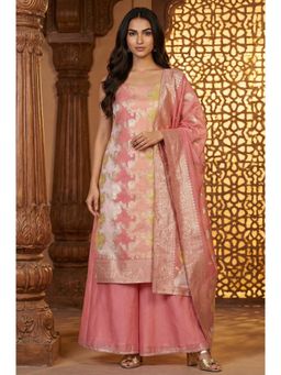 Aurelia - Womens Pink Floral Printed Zari Work A Line Kurta with Palazzo and Dupatta