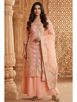 Aurelia - Womens Peach Floral Printed A Line Kurta with Palazzo and Dupatta