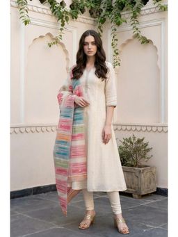 Aurelia - Womens Off-White Textured A Line Kurta with Leggings and Dupatta