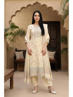 Aurelia - Womens Yellow Floral Printed Cotton Blend Straight Kurta with Palazzo and Dupatta Set