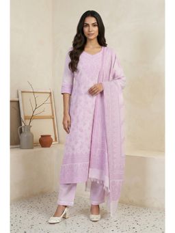 Aurelia - Womens Lavender Floral Cotton Blend Straight Kurta with Pant & Dupatta