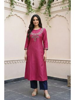 Folksong - Magenta Embroidered Tusshar Silk Straight Kurta