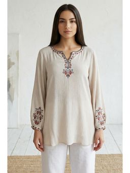 Folksong - Off White Floral Embroidered Straight Kurti