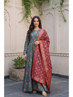 Folksong - Green Floral Printed Satin Anarkali Kurta with Pant & Dupatta