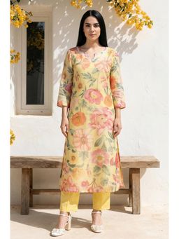 W - Yellow Floral Printed Sequins Straight Kurta