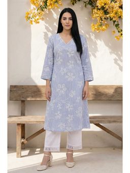 W - Blue Embroidered Thread Work Pure Cotton Straight Kurta