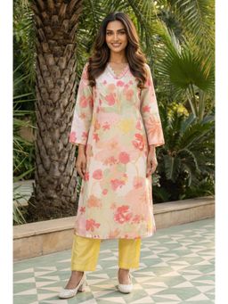 W - Multi-Colour Floral Printed Beads Beadwork Straight Kurta