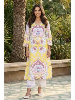 W - Yellow Floral Printed Lace Trim Pure Cotton Straight Kurta