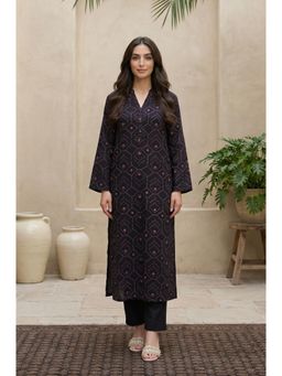 W - Black Geometric Printed Decorative Buttons Straight Kurta