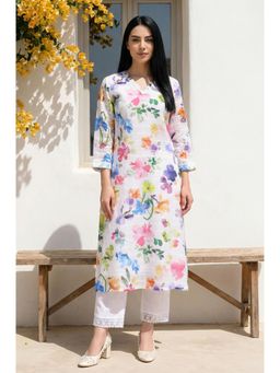 W - Floral Printed Lace Trim Straight Kurta