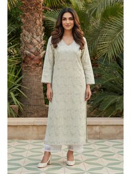 W - Green Chikankari Pure Cotton Straight Kurta