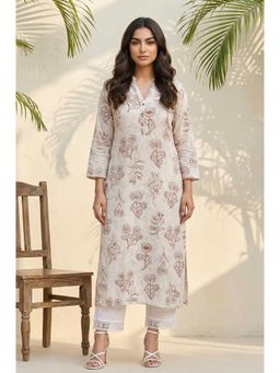 W - Off White Floral Printed Decorative Buttons Rayon Straight Kurta