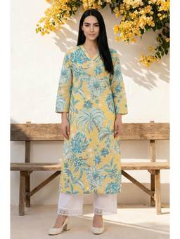 W - Yellow Floral Printed Piping Detail Pure Cotton Straight Kurta