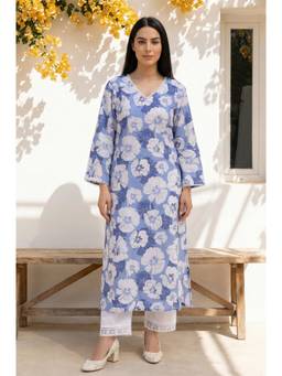 W - Blue Floral Printed Lace Trim Pure Cotton Straight Kurta
